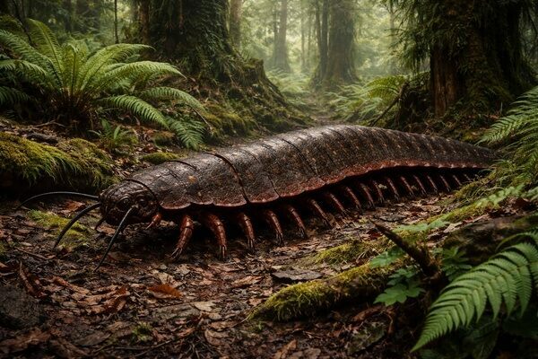Arthropleura, the giant millipede of the Carboniferous, crawling through a lush prehistoric forest over 300 million years ago.